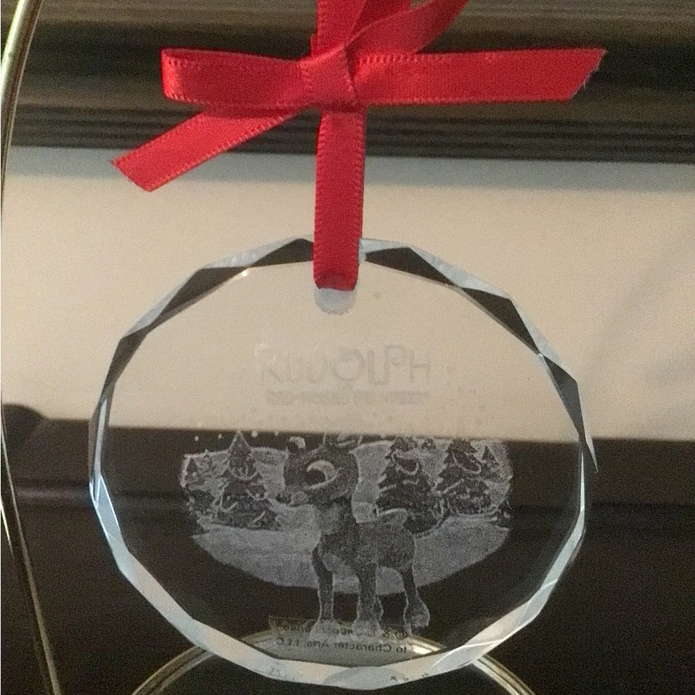 Rudolph Glass Ornament with Red Ribbon